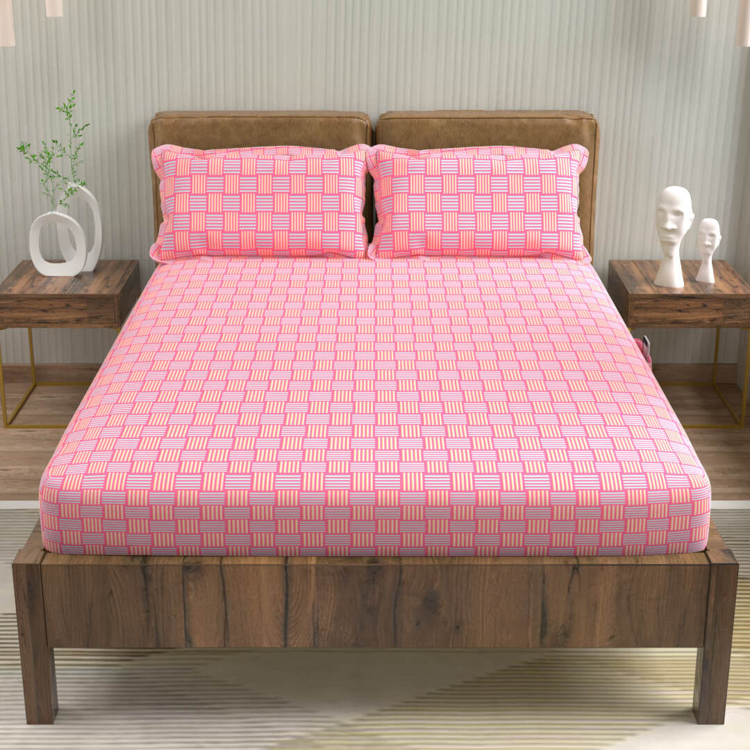 buy geometric taffy pink cotton double bed fitted bedsheets online – front view